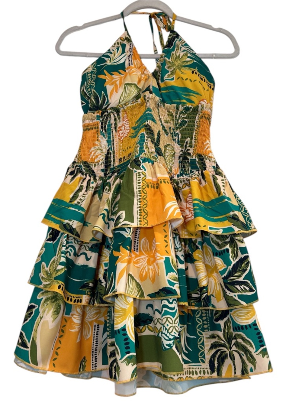 Fusionista NWT Tropical Floral Tiered Mini Dress Women’s Size XL Summer Boho